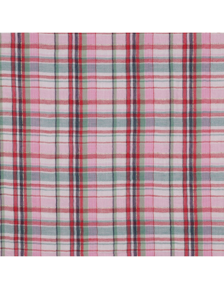 Tissu, Double Gaze Carreaux Lurex, Rose et Vert Clair, Laize 142 cm, 99% Coton 1% Lurex 120g/m²