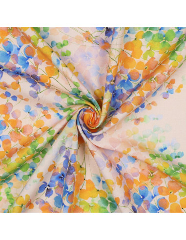 Tissu, Impression Digitale Feuilles, Vert & Orange, Laize 142 cm, 100% Viscose 110g/m²