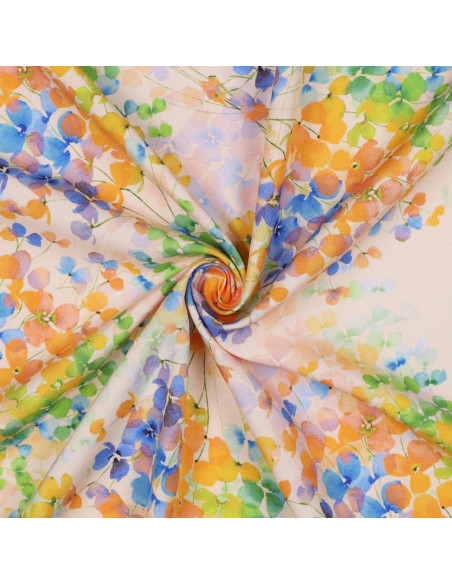 Tissu, Impression Digitale Feuilles, Vert & Orange, Laize 142 cm, 100% Viscose 110g/m²
