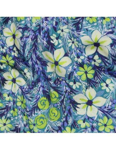 Tissu, Satin de Viscose Fleuri, Fleurs Vertes, Laize 140 cm, 100% Viscose 120g/m²