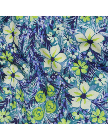 Tissu, Satin de Viscose Fleuri, Fleurs Vertes, Laize 140 cm, 100% Viscose 120g/m²