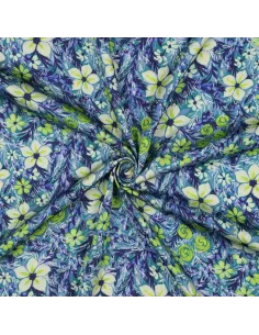 Tissu, Satin de Viscose Fleuri, Fleurs Vertes, Laize 140 cm, 100% Viscose 120g/m² 2