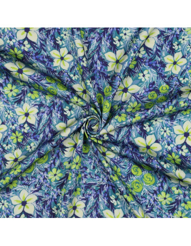 Tissu, Satin de Viscose Fleuri, Fleurs Vertes, Laize 140 cm, 100% Viscose 120g/m²
