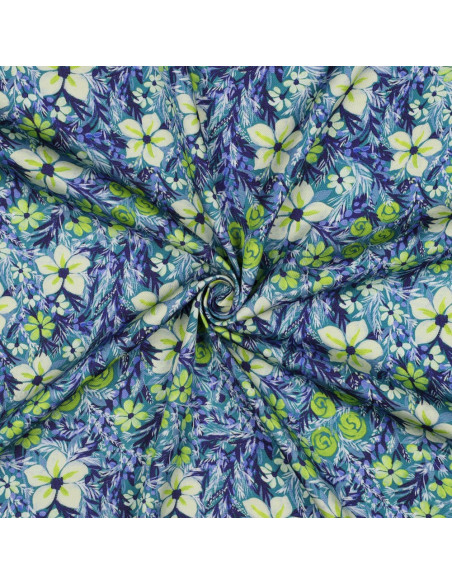 Tissu, Satin de Viscose Fleuri, Fleurs Vertes, Laize 140 cm, 100% Viscose 120g/m²