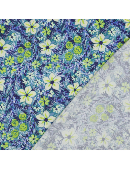 Tissu, Satin de Viscose Fleuri, Fleurs Vertes, Laize 140 cm, 100% Viscose 120g/m²