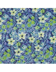 Tissu, Satin de Viscose Fleuri, Fleurs Vertes, Laize 140 cm, 100% Viscose 120g/m²