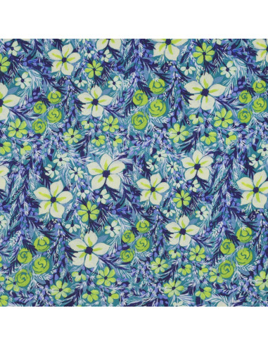 Tissu, Satin de Viscose Fleuri, Fleurs Vertes, Laize 140 cm, 100% Viscose 120g/m²