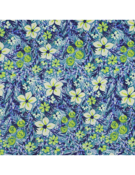 Tissu, Satin de Viscose Fleuri, Fleurs Vertes, Laize 140 cm, 100% Viscose 120g/m²