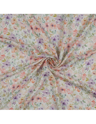 Tissu, Plumetis Viscose Fleuri, Multicolore sur fond clair, Laize 143 cm, 100% Viscose 100g/m²