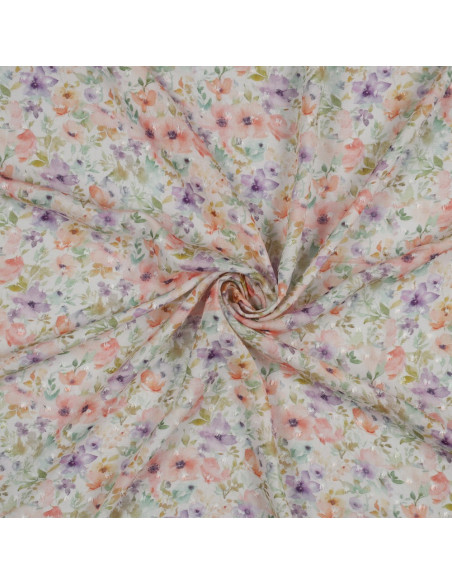 Tissu, Plumetis Viscose Fleuri, Multicolore sur fond clair, Laize 143 cm, 100% Viscose 100g/m²