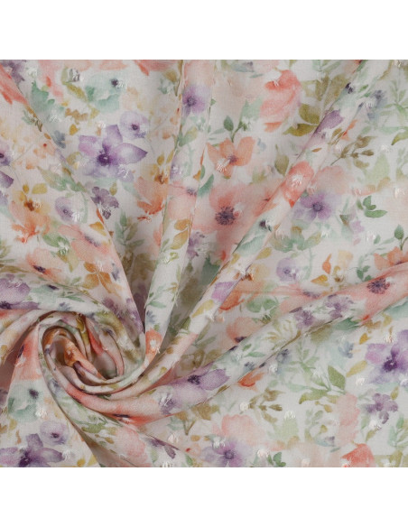 Tissu, Plumetis Viscose Fleuri, Multicolore sur fond clair, Laize 143 cm, 100% Viscose 100g/m²