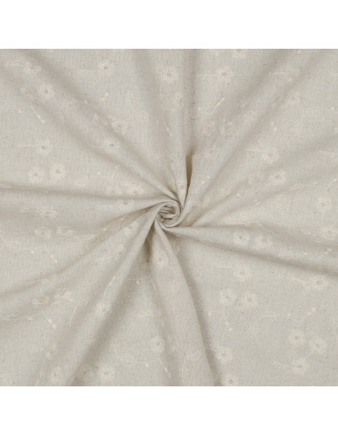 Tissu, Lin Viscose Brodée Fleur, Sable, Laize 130 cm, 70% Viscose 30% Lin 220g/m²