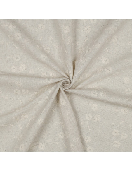 Tissu, Lin Viscose Brodée Fleur, Sable, Laize 130 cm, 70% Viscose 30% Lin 220g/m²