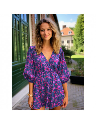 Viscose Ecovero, impression digitale, fleurs roses & orange