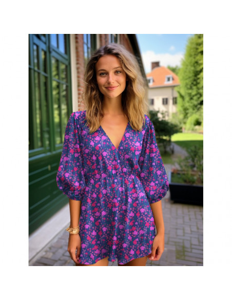 Viscose Ecovero, impression digitale, fleurs roses & orange