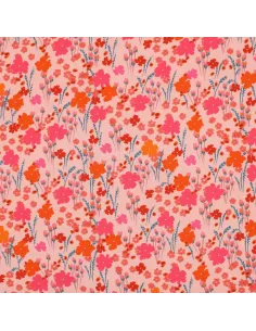 Tissu, Viscose Ecovero Fleuri, Roses & Orange, Laize 138 cm, 100% Viscose Ecovero 115g/m²