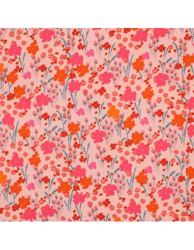 Tissu, Viscose Ecovero Fleuri, Roses & Orange, Laize 138 cm, 100% Viscose Ecovero 115g/m²