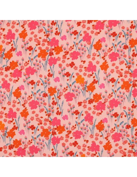 Tissu, Viscose Ecovero Fleuri, Roses & Orange, Laize 138 cm, 100% Viscose Ecovero 115g/m²