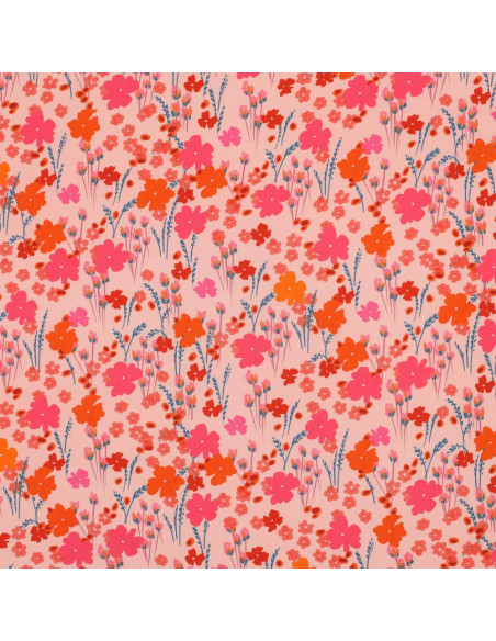 Viscose Ecovero, impression digitale, fleurs roses & orange