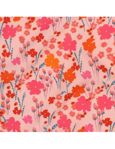 Tissu, Viscose Ecovero Fleuri, Roses & Orange, Laize 138 cm, 100% Viscose Ecovero 115g/m²
