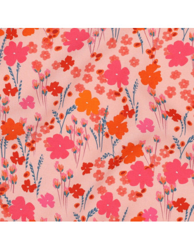 Viscose Ecovero, impression digitale, fleurs roses & orange