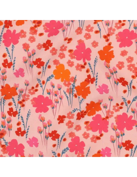 Tissu, Viscose Ecovero Fleuri, Roses & Orange, Laize 138 cm, 100% Viscose Ecovero 115g/m²