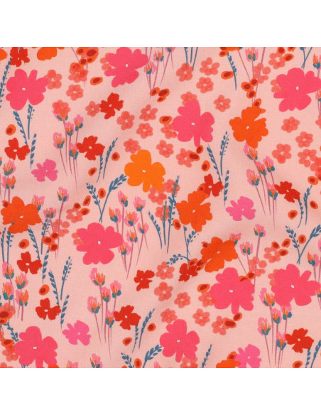 Viscose Ecovero, impression digitale, fleurs roses & orange
