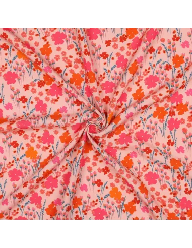 Tissu, Viscose Ecovero Fleuri, Roses & Orange, Laize 138 cm, 100% Viscose Ecovero 115g/m²