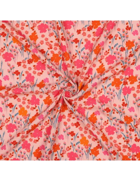 Tissu, Viscose Ecovero Fleuri, Roses & Orange, Laize 138 cm, 100% Viscose Ecovero 115g/m²