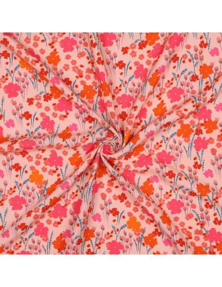 Viscose Ecovero, impression digitale, fleurs roses & orange