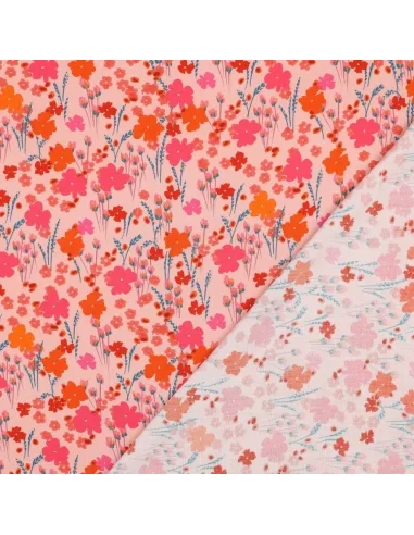 Tissu, Viscose Ecovero Fleuri, Roses & Orange, Laize 138 cm, 100% Viscose Ecovero 115g/m²