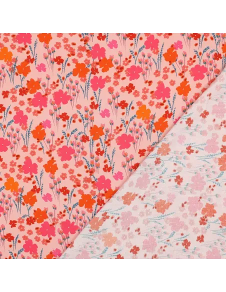 Tissu, Viscose Ecovero Fleuri, Roses & Orange, Laize 138 cm, 100% Viscose Ecovero 115g/m²