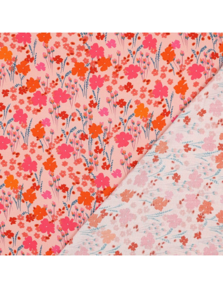 Viscose Ecovero, impression digitale, fleurs roses & orange