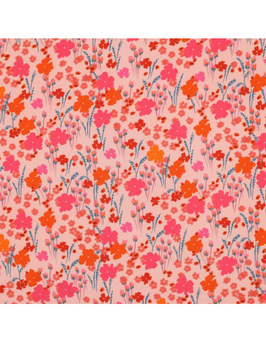 Viscose Ecovero, impression digitale, fleurs roses & orange