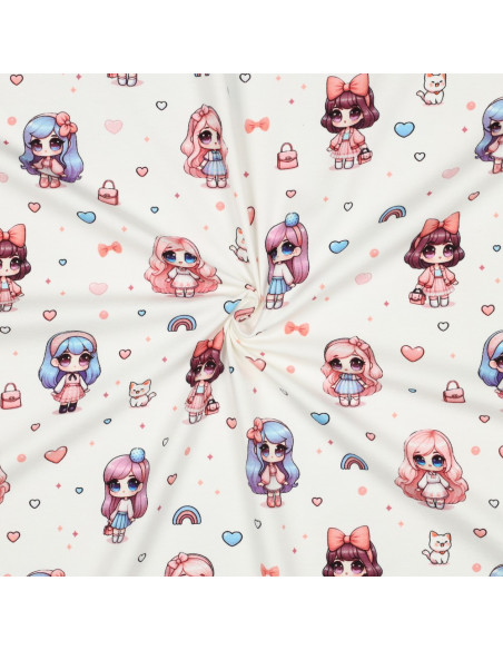Tissu, Jersey de Coton Imprimé Poupées, Fantaisie Enfantine, Laize 148 cm, Coton Stretch