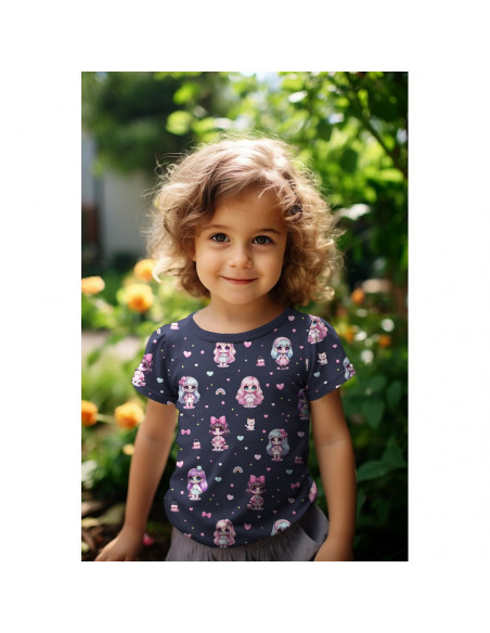 Tissu, Jersey de Coton Imprimé Poupées, Fantaisie Enfantine, Laize 148 cm, Coton Stretch