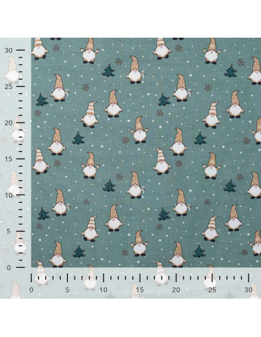 Tissu, Jersey de Coton Motif, Gnomes de Noël Vert Menthe, Laize 148 cm, Coton Stretch