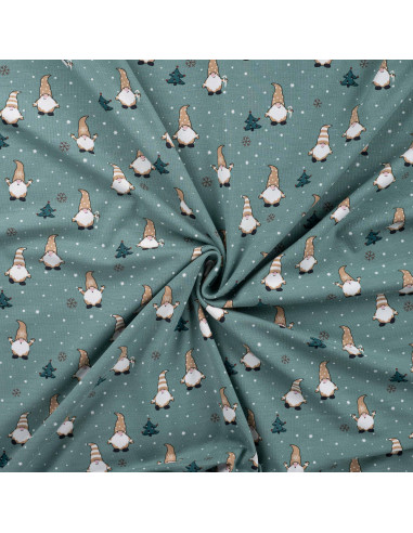 Tissu, Jersey de Coton Motif, Gnomes de Noël Vert Menthe, Laize 148 cm, Coton Stretch