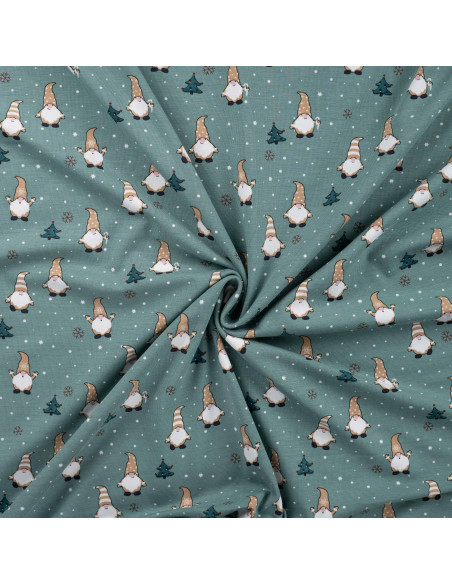 Tissu, Jersey de Coton Motif, Gnomes de Noël Vert Menthe, Laize 148 cm, Coton Stretch