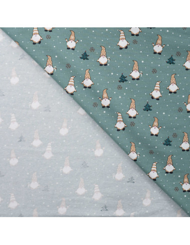 Tissu, Jersey de Coton Motif, Gnomes de Noël Vert Menthe, Laize 148 cm, Coton Stretch