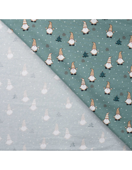 Tissu, Jersey de Coton Motif, Gnomes de Noël Vert Menthe, Laize 148 cm, Coton Stretch
