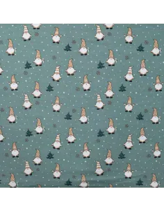 Tissu, Jersey de Coton Motif, Gnomes de Noël Vert Menthe, Laize 148 cm, Coton Stretch