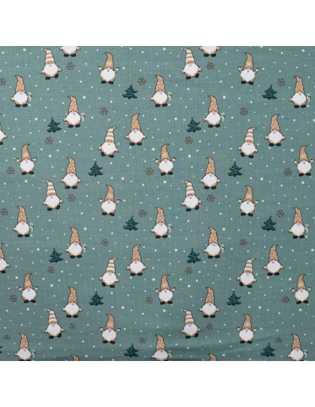 Tissu, Jersey de Coton Motif, Gnomes de Noël Vert Menthe, Laize 148 cm, Coton Stretch