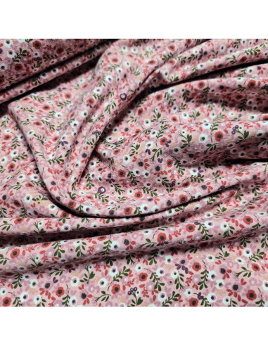 Tissu, Jersey de Coton Imprimé, Petites Fleurs Roses Délicates, Laize 150 cm, Coton Stretch