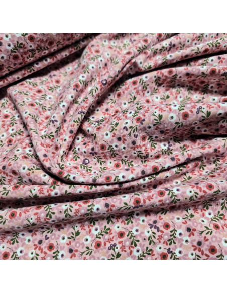 Tissu, Jersey de Coton Imprimé, Petites Fleurs Roses Délicates, Laize 150 cm, Coton Stretch