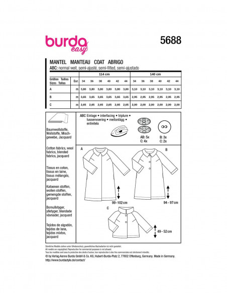 Patron Burda 5688 - Manteau/veste