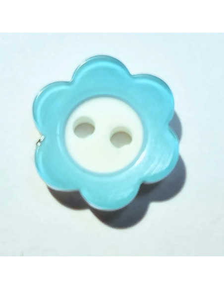 Bouton polyester 2 trous, 12mm, petite fleur turquoise