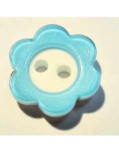Bouton polyester 2 trous, 12mm, petite fleur turquoise 2