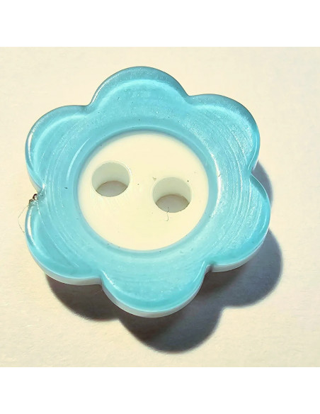 Bouton polyester 2 trous, 12mm, petite fleur turquoise