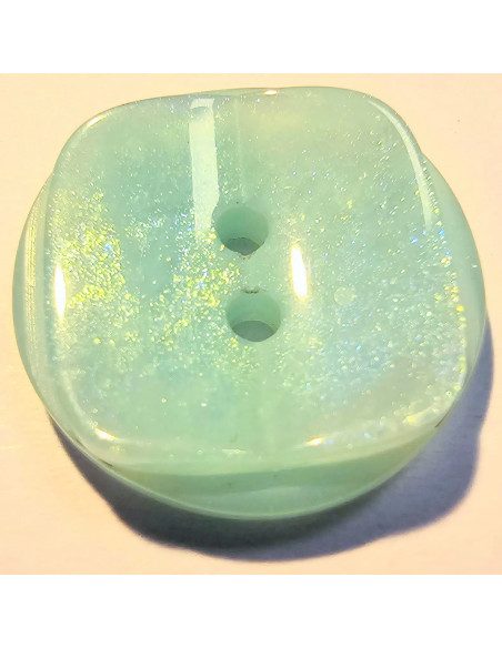 Bouton polyester 2 trous, 17mm, rond avec un carré à paillettes, turquoise